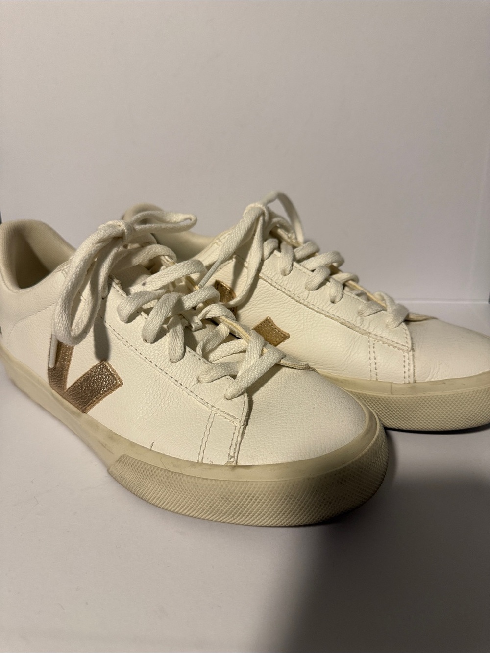 Veja Leather Sneakers in Off-White with Gold V